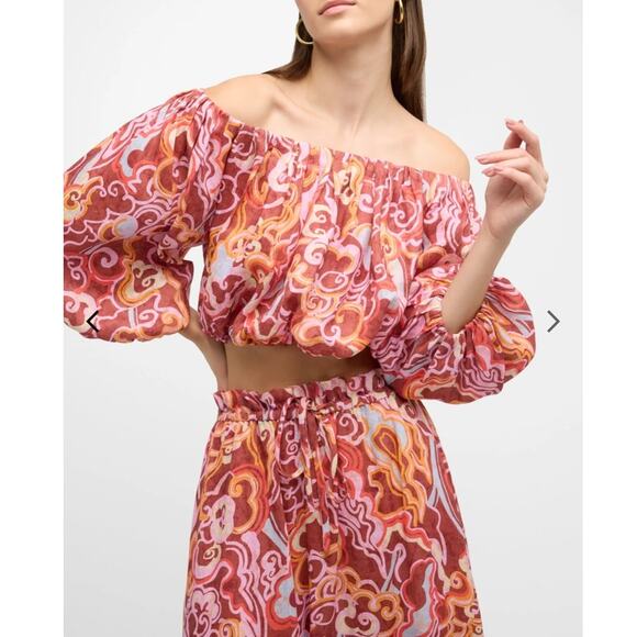 NEW‎ NWT A.L.C. Katherine Printed Off-The-Shoulder Crop Top Medium Linen Resort - Picture 2 of 11